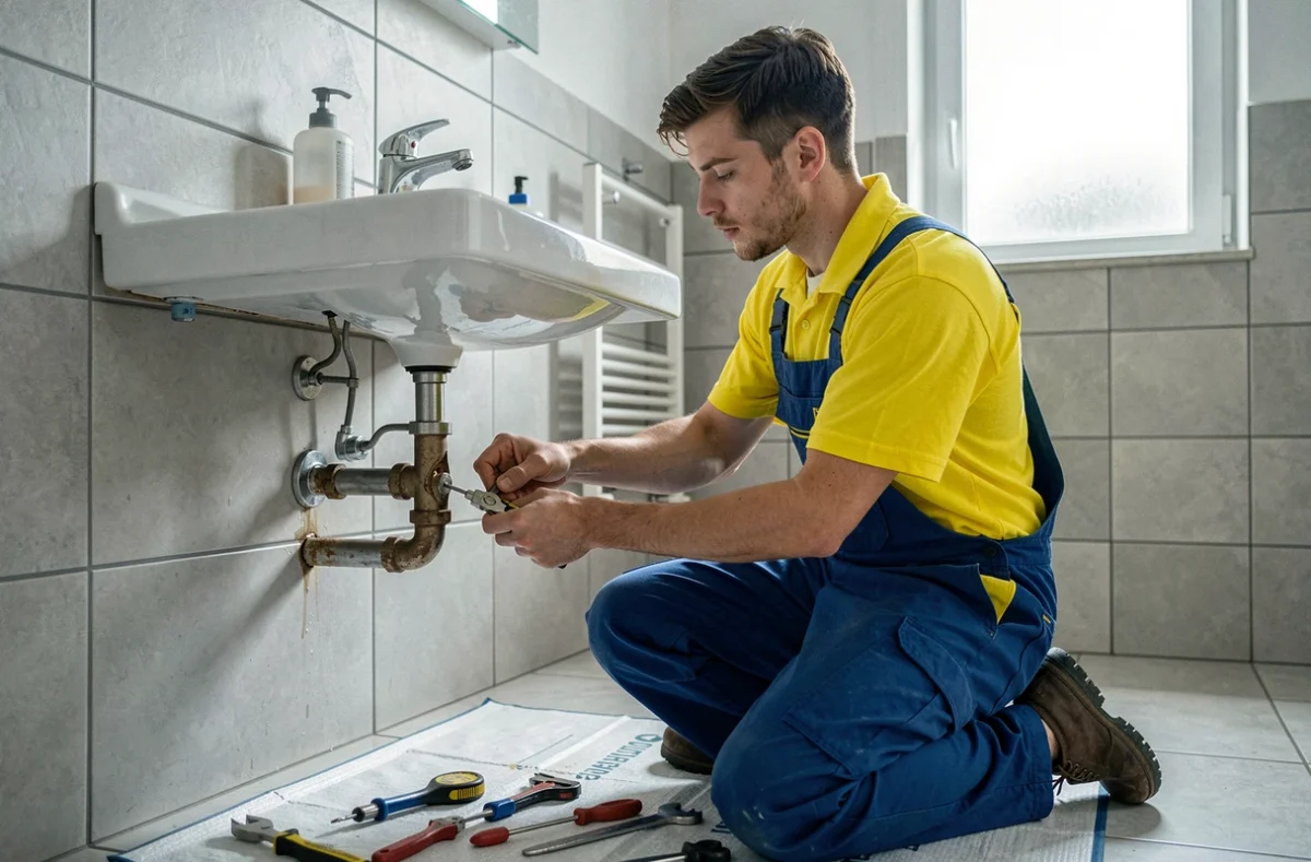 Plombier Allo Services en intervention dans une salle de bain d'un appartement &agrave; Villeurbanne