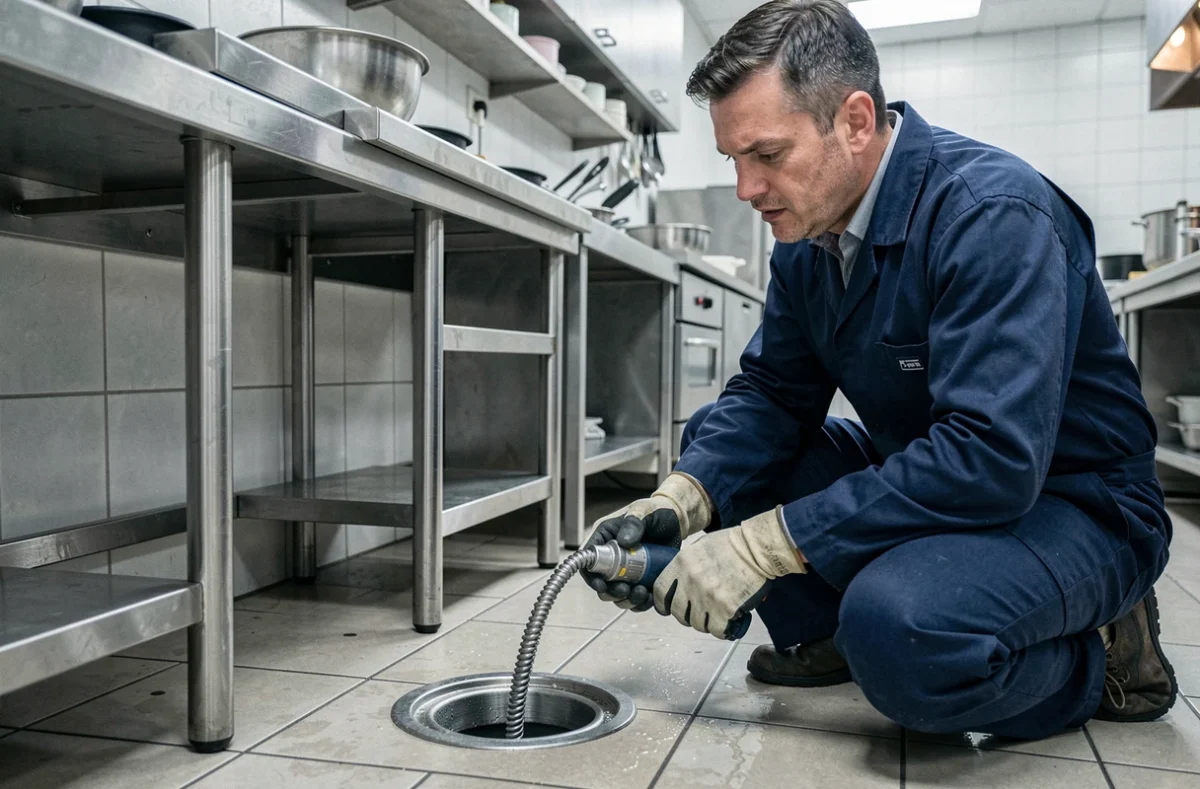 Technicien Allod Bouchage utilisant un furet professionnel pour d&eacute;boucher une canalisation dans une cuisine commerciale
