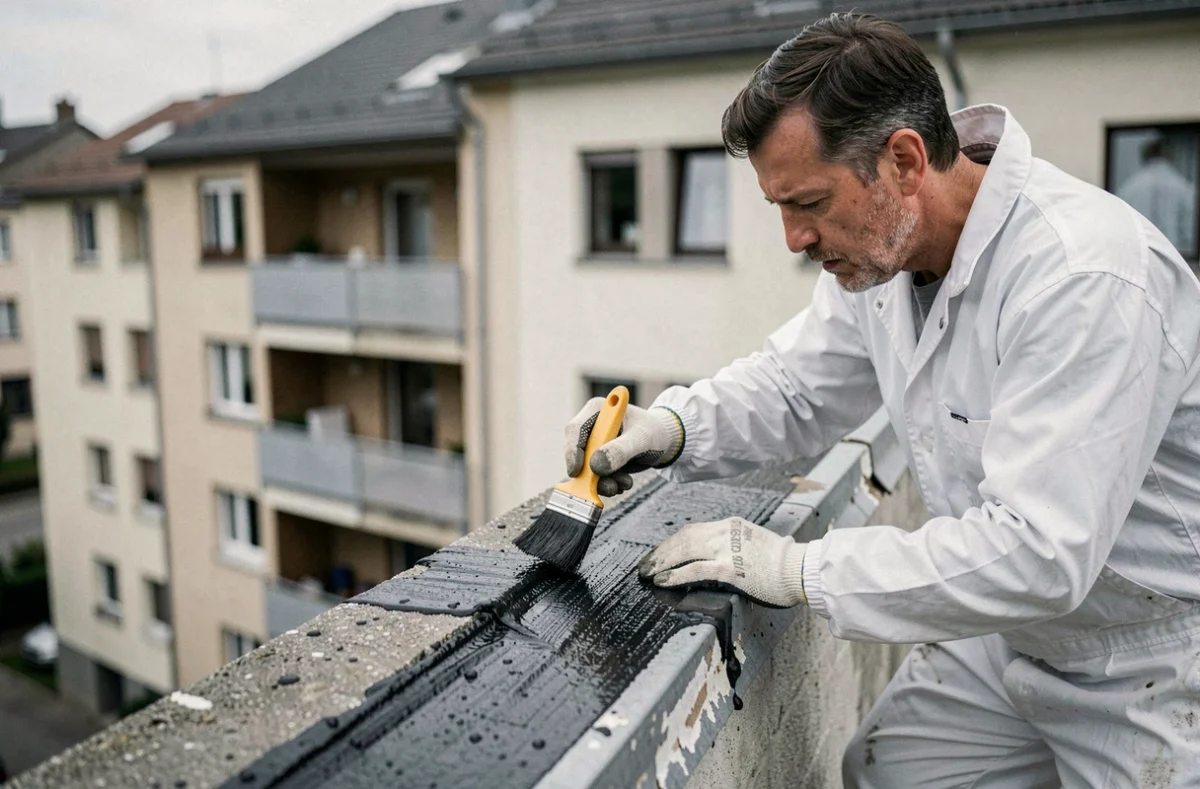 Sp&eacute;cialiste d'Alp'&Eacute;tanch&eacute;it&eacute; appliquant un enduit bitumineux sur le bord d'un toit d'immeuble en Is&egrave;re