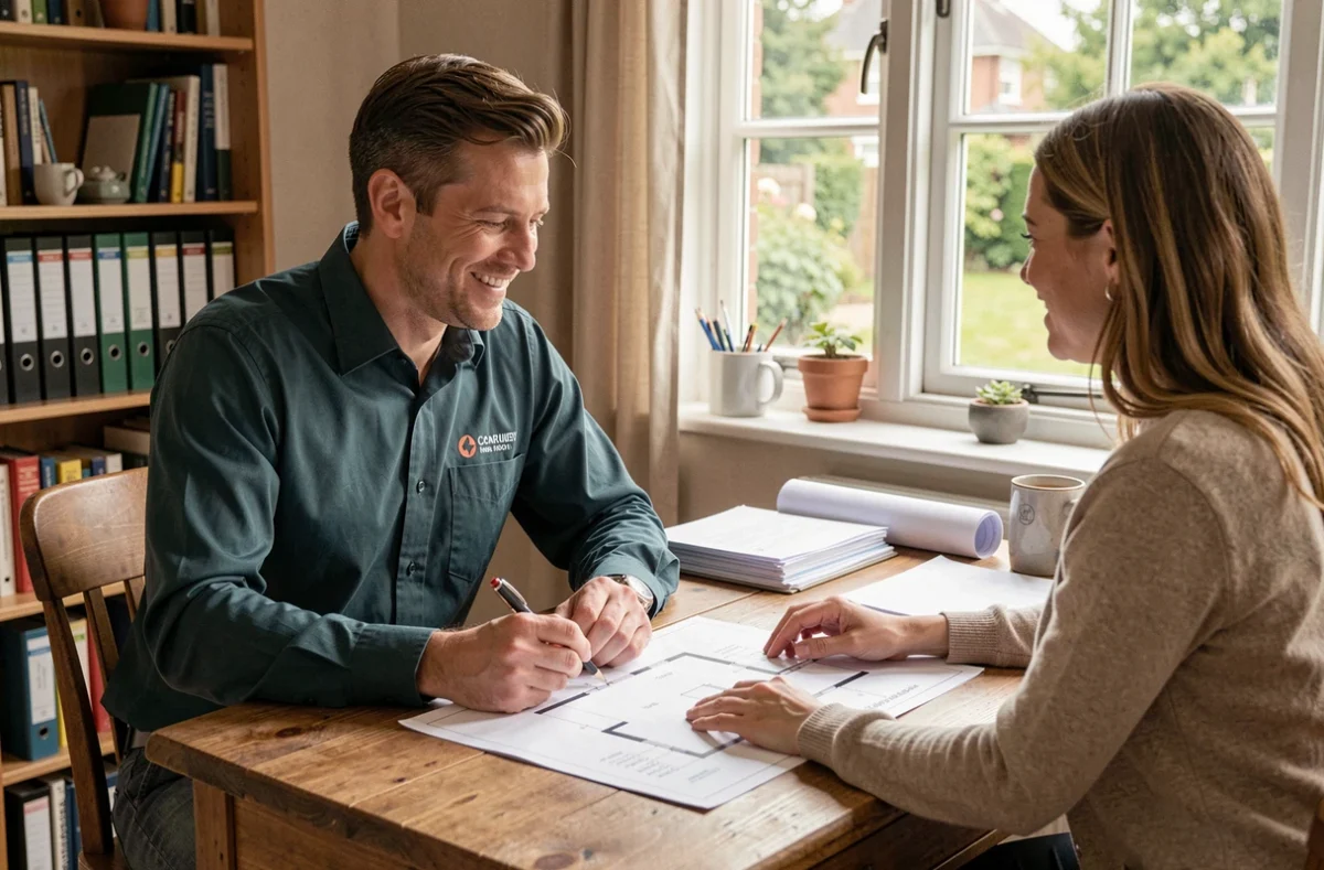 Professionnel d'Alter Ego Services en consultation avec un couple de clients autour de plans de plomberie &agrave; domicile