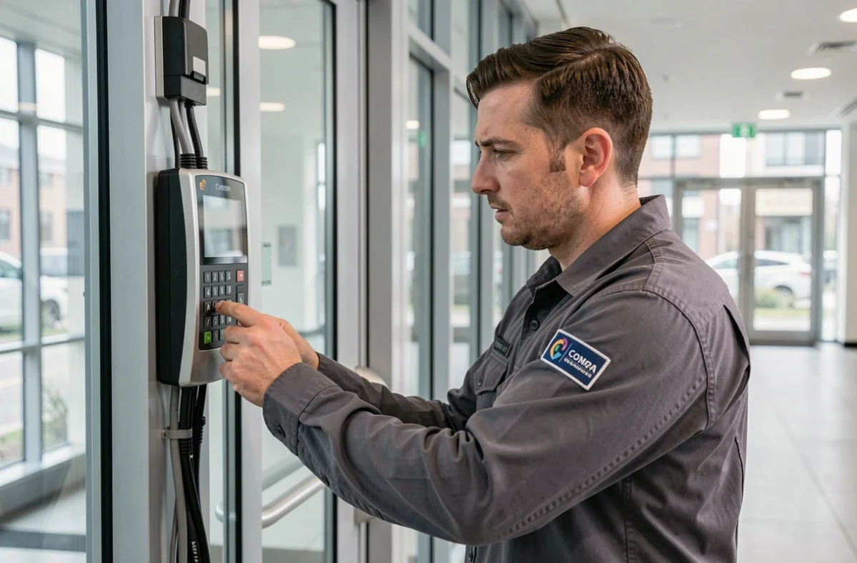 Technicien AMCO-CREATECH installant un syst&egrave;me de contr&ocirc;le d'acc&egrave;s &eacute;lectronique dans un immeuble de bureaux
