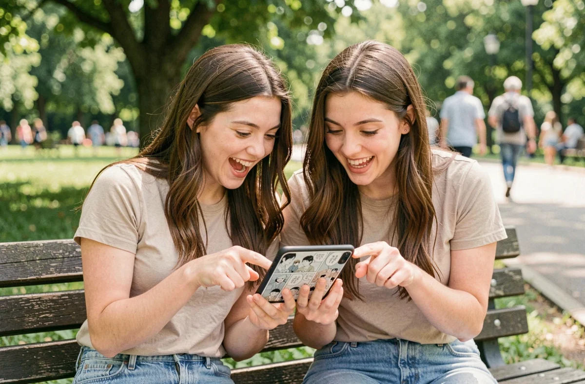 Deux jeunes femmes partageant la lecture d'un manga BL sur smartphone dans un parc, r&eacute;action complice et joyeuse