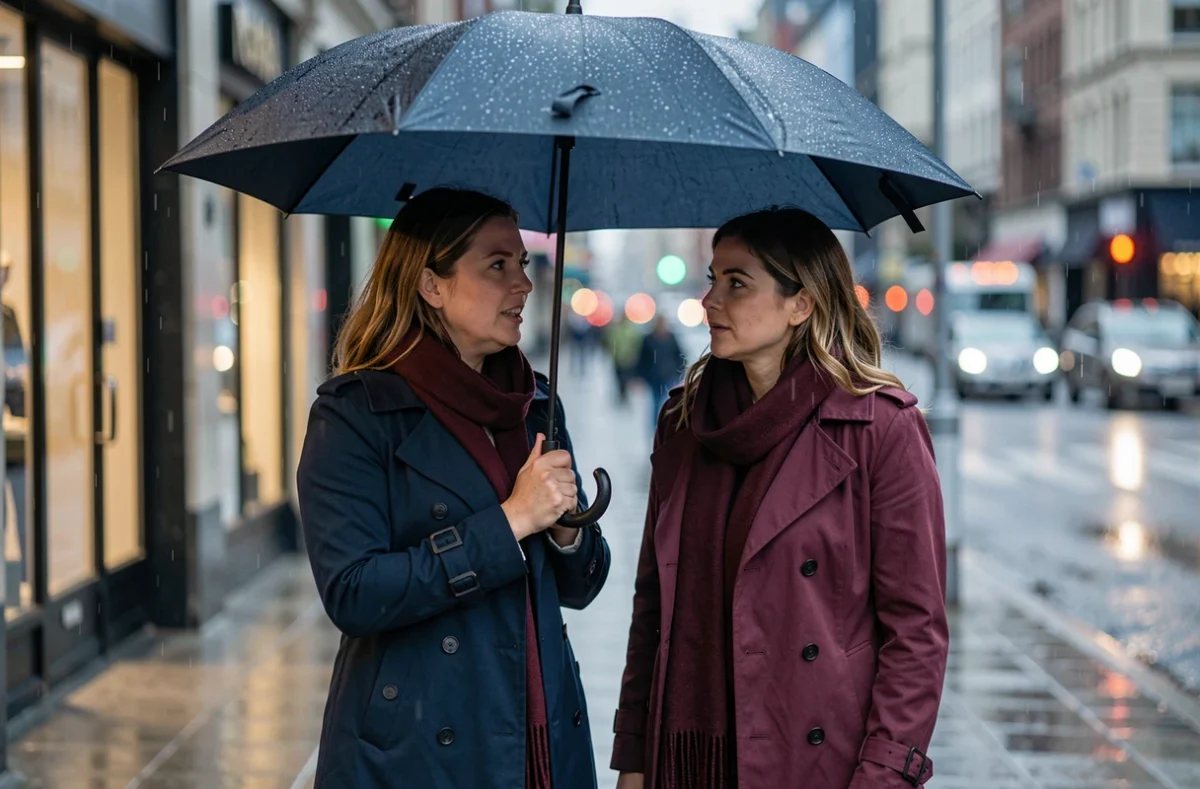 Deux amies marchant sous un parapluie sur un trottoir mouill&eacute; en ville, partageant une conversation intime et sinc&egrave;re