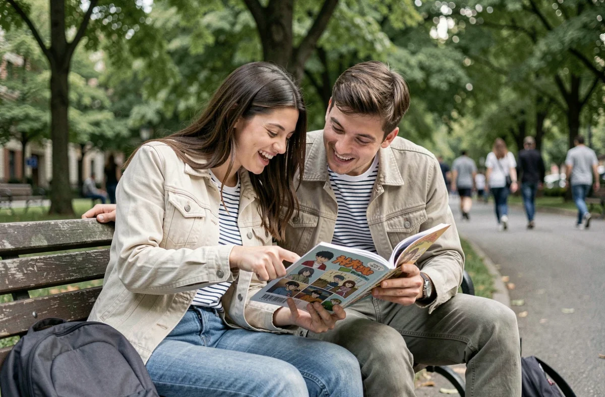 Deux amis lisant ensemble un manga Just Friend en version fran&ccedil;aise sur un banc de parc en ext&eacute;rieur