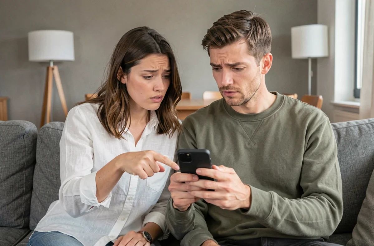 Deux amis consultant un smartphone pour retrouver un profil Instagram devenu indisponible suite &agrave; un changement de pseudo