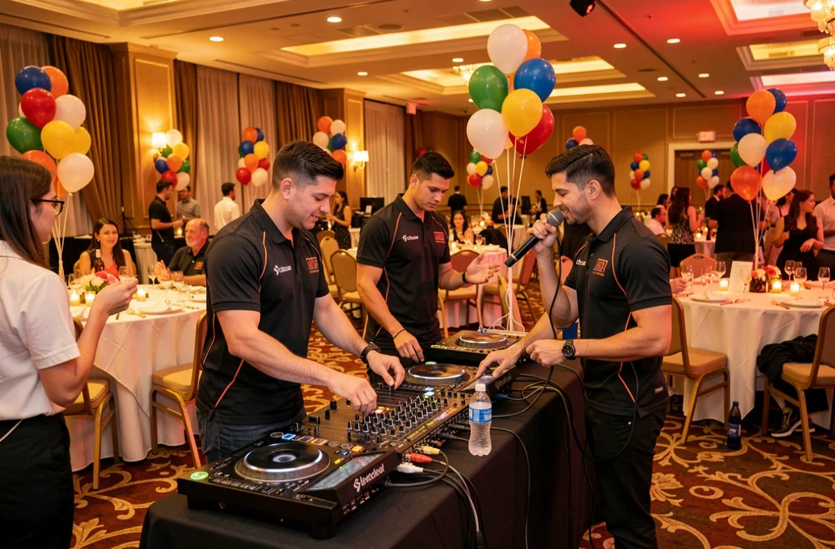 L'équipe Animation Kiss Événementiel en action lors d'un événement festif, trois membres en polo brandé gérant le stand DJ et animation dans une salle de réception décorée