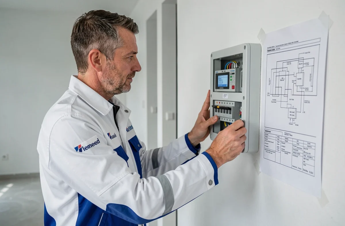 Technicien Anjou Concept Innov installant un tableau &eacute;lectrique domotique innovant dans une maison neuve en Anjou