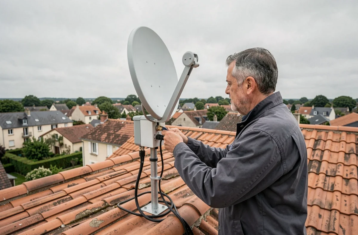 Technicien d'Antenne Parabole Cable installant une parabole satellite sur un toit r&eacute;sidentiel &agrave; Pessac