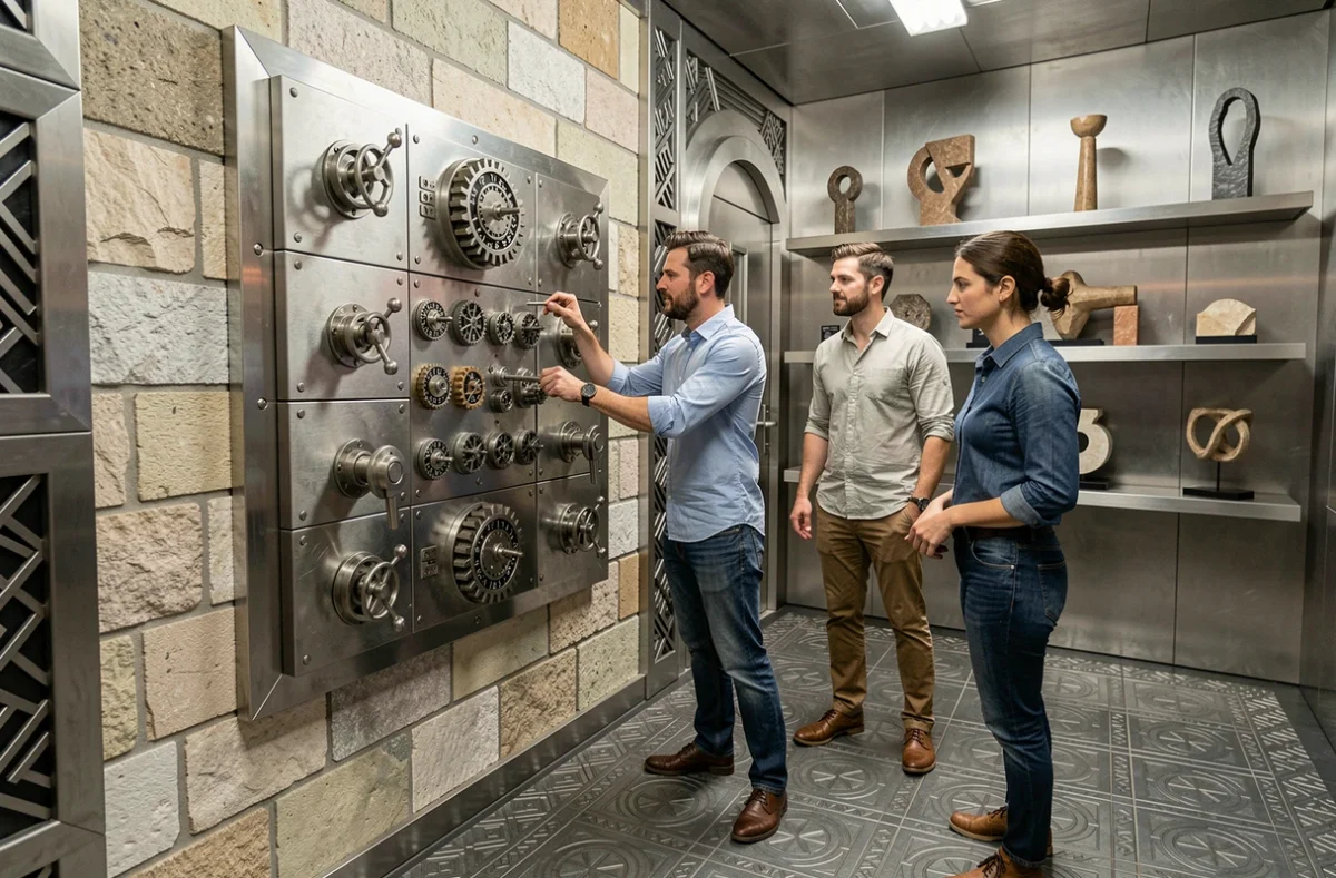 Trio de joueurs résolvant un panneau de serrures complexes dans l'escape game Arcanium à Dijon