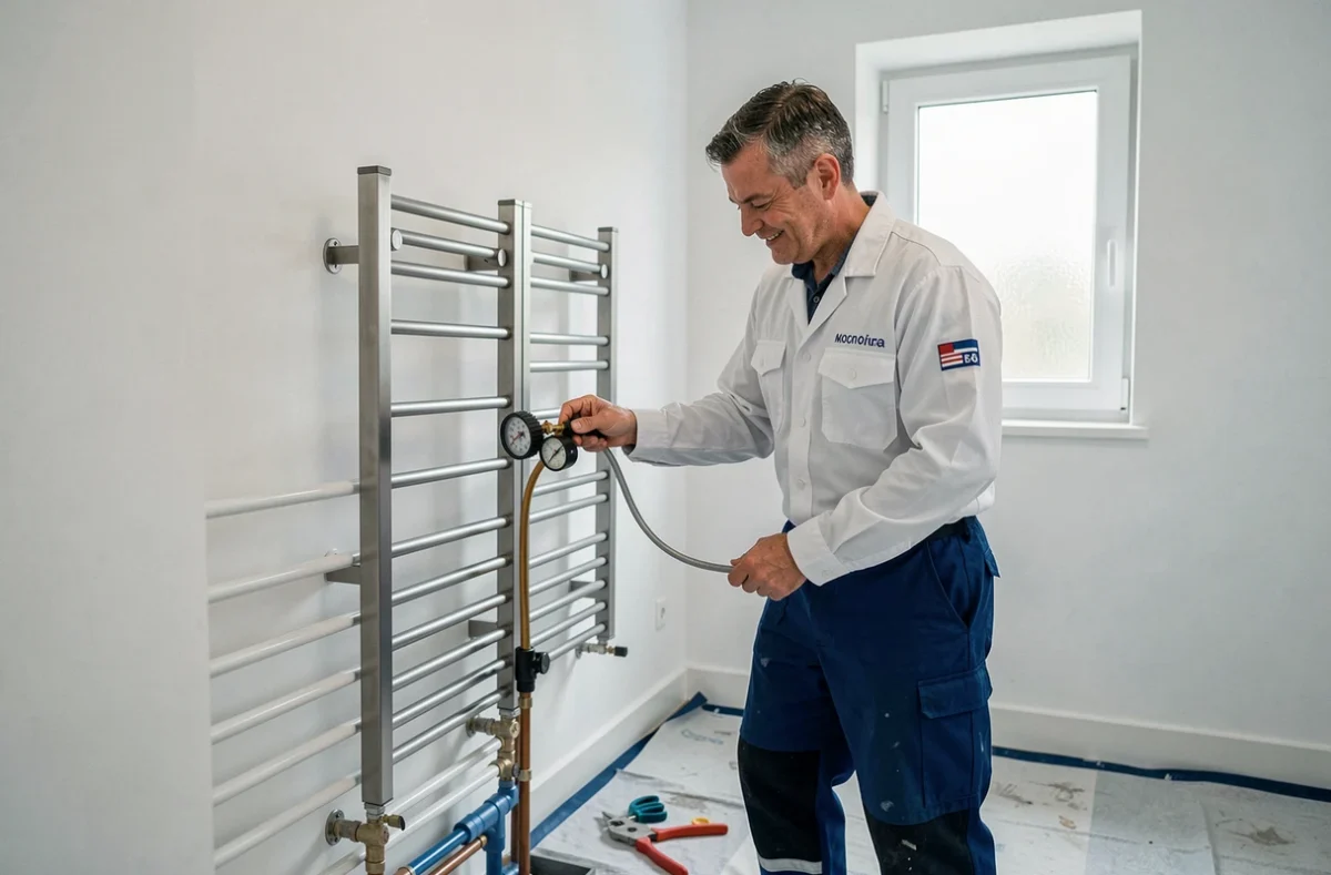Plombier Areo Plomberie v&eacute;rifiant l'installation d'un radiateur s&egrave;che-serviette dans un appartement r&eacute;nov&eacute;