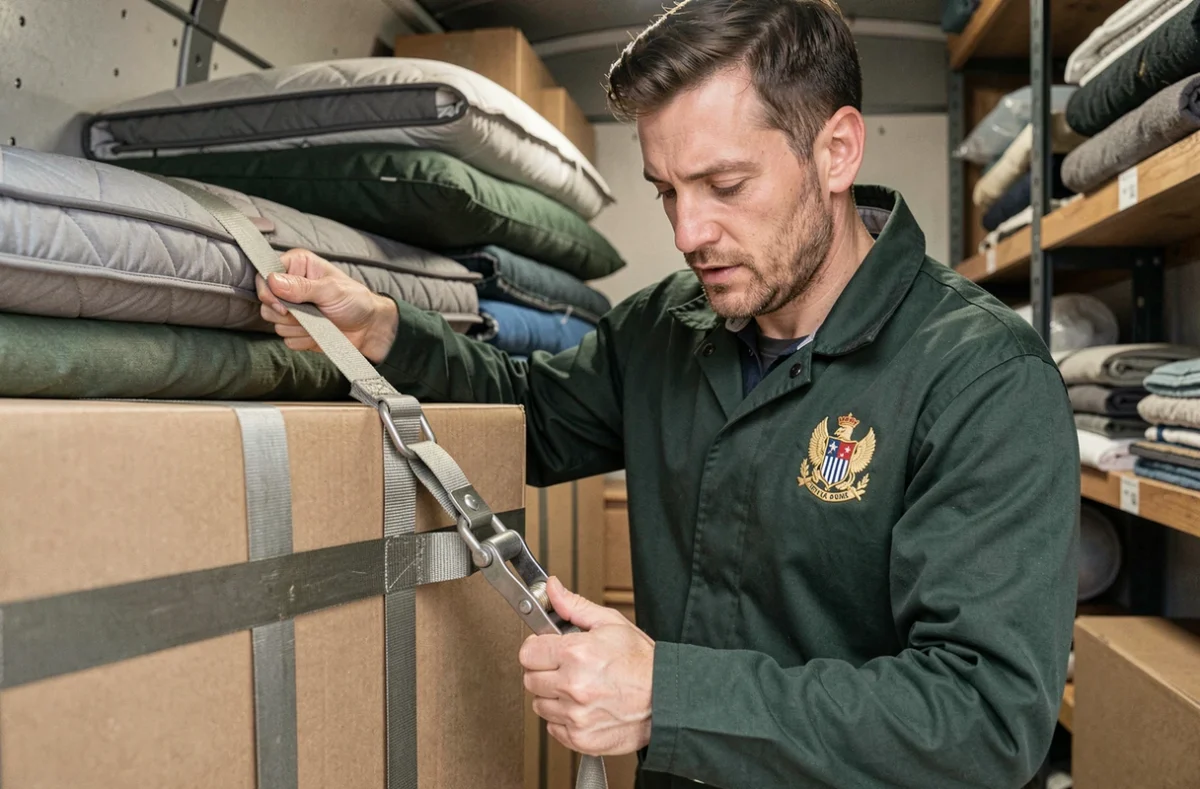 D&eacute;m&eacute;nageur en veste verte avec &eacute;cusson brod&eacute; s&eacute;curisant des cartons avec des sangles &agrave; rochet &agrave; l'int&eacute;rieur d'un camion bien organis&eacute;