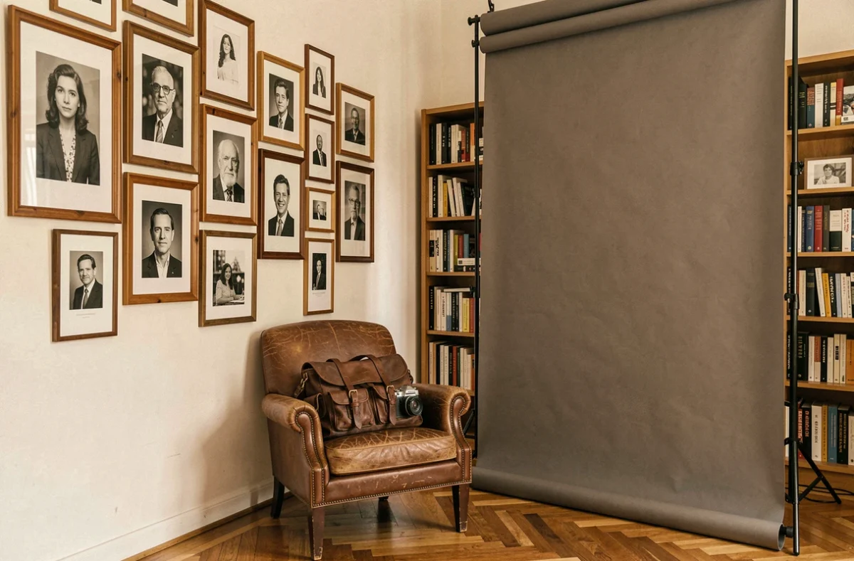 Int&eacute;rieur chaleureux du studio Arretsurimage2Eme avec des portraits en noir et blanc encadr&eacute;s sur un mur en bois