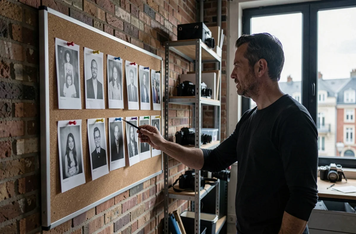 Photographe d'Art Photo Nantes examinant des portraits imprim&eacute;s dans un studio aux murs en briques avec vue sur la ville