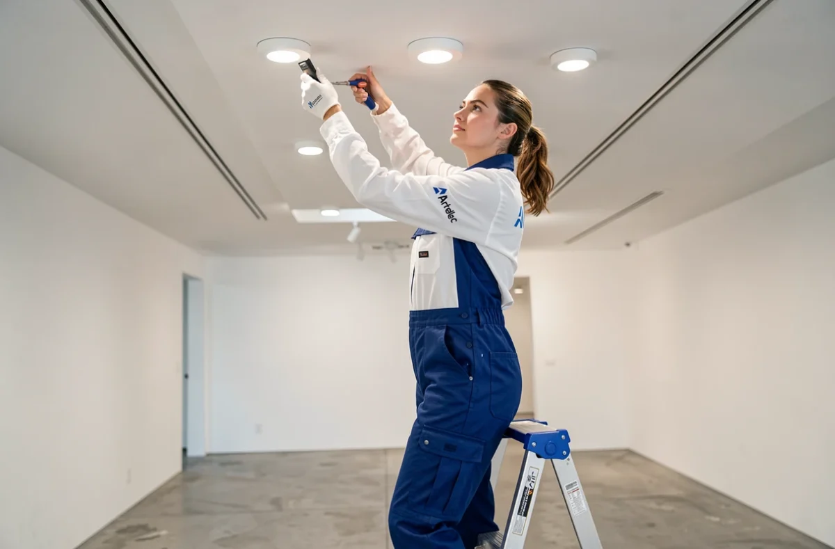 &Eacute;lectricienne Artelec installant des spots encastr&eacute;s dans le plafond d'un espace contemporain &agrave; Montpellier