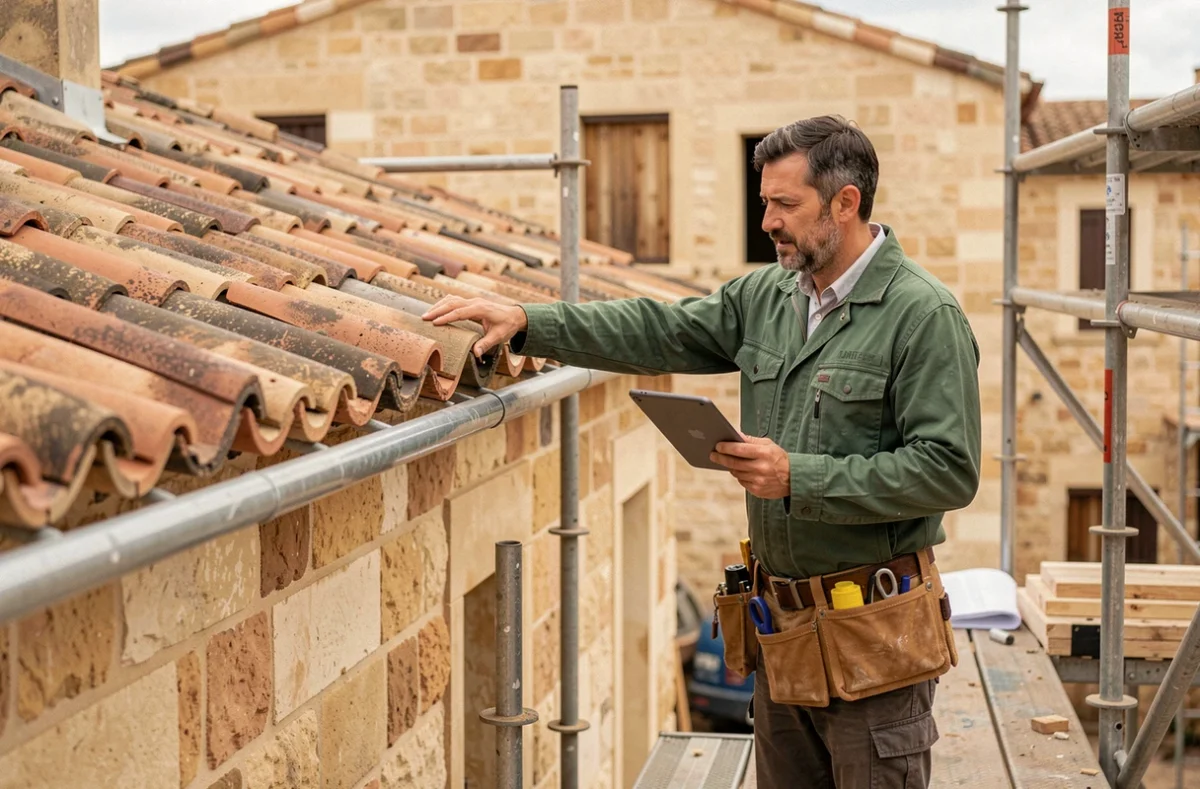 Artisan polyvalent second oeuvre supervisant une rénovation de toiture sur un bâtiment en pierre à Montpellier