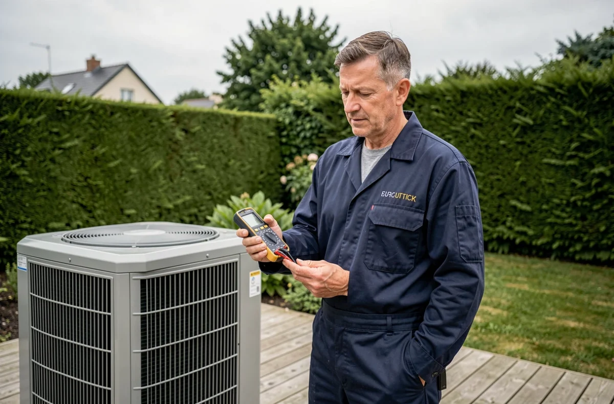 Technicien d'ASR Services vérifiant les mesures d'une pompe à chaleur résidentielle dans un jardin