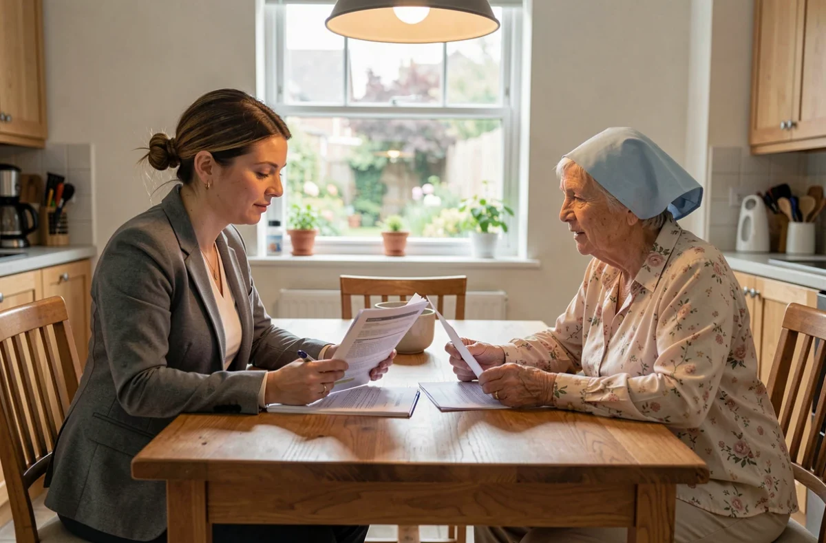 Assistante sociale expliquant les aides financi&egrave;res pour l'aide m&eacute;nag&egrave;re &agrave; une patiente atteinte de cancer