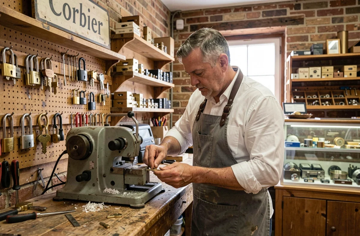 Artisan de l'Atelier Corbier en train de dupliquer une cl&eacute; sur une machine de coupe dans son atelier traditionnel