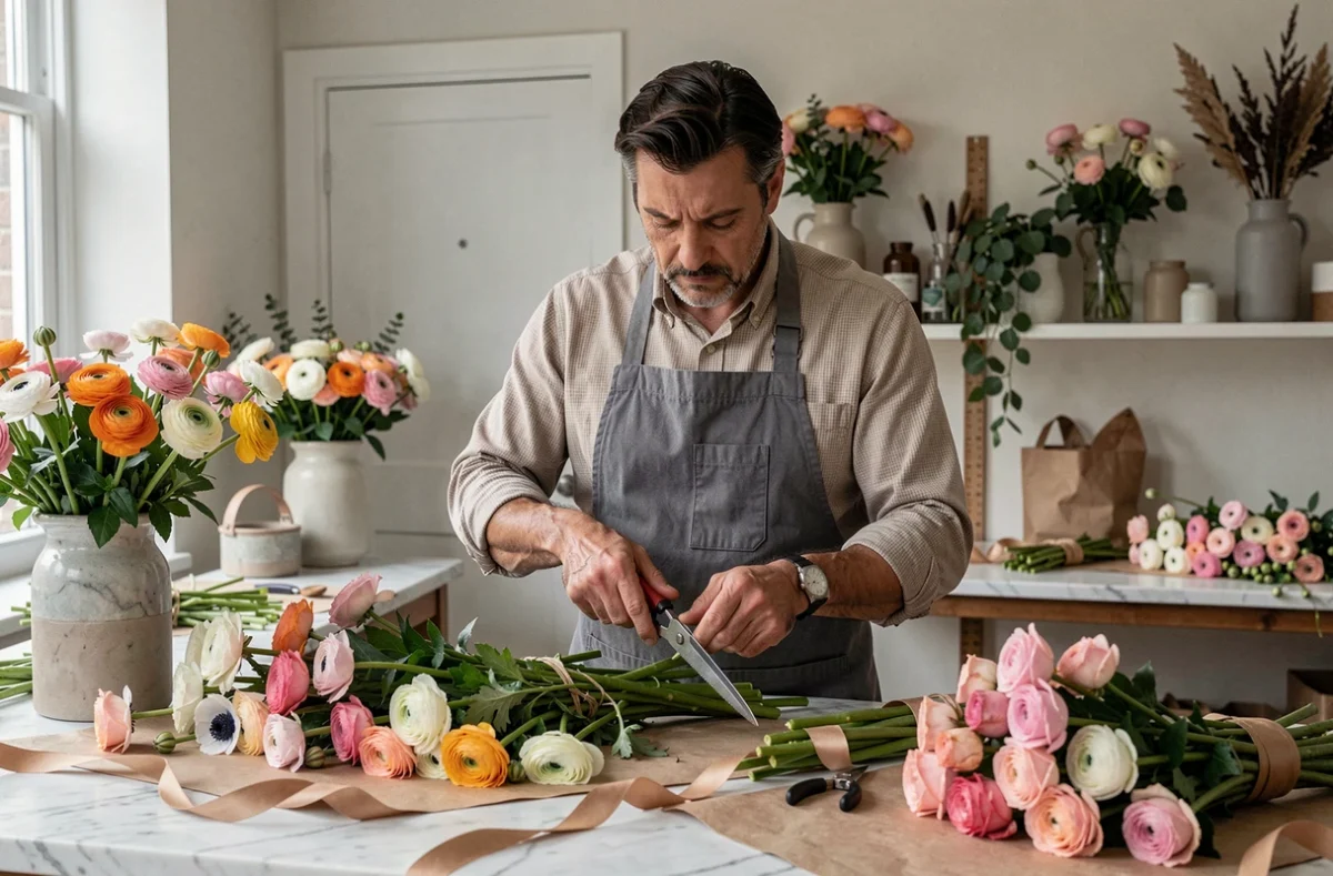 Atelier de Christophe fleuriste avec des renoncules et anémones sur un plan de travail en marbre