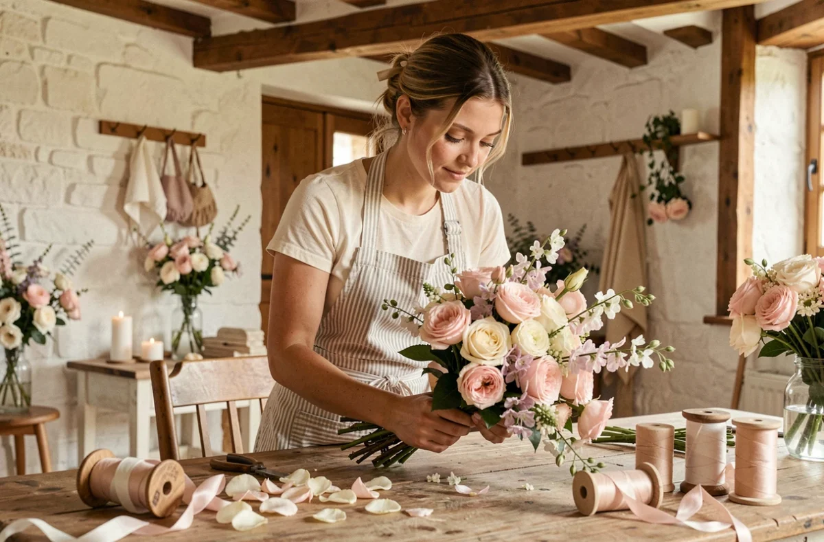 L'Atelier de Léa à Beaufort-en-Anjou avec la fleuriste assemblant un bouquet de mariée en roses et pois de senteur sur une table en bois vintage