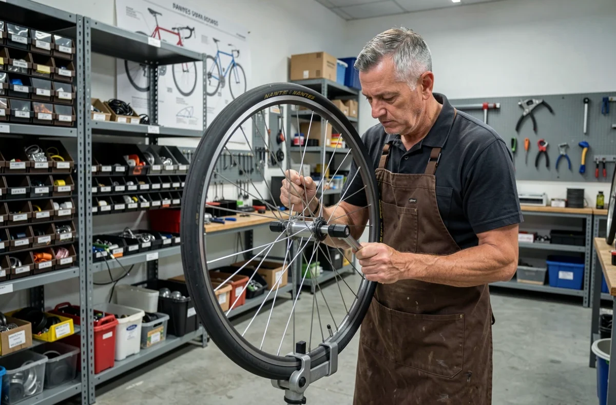 M&eacute;canicien de l'Atelier Du Cycle voilant une roue de v&eacute;lo dans son atelier de m&eacute;canique cycle &agrave; Nantes