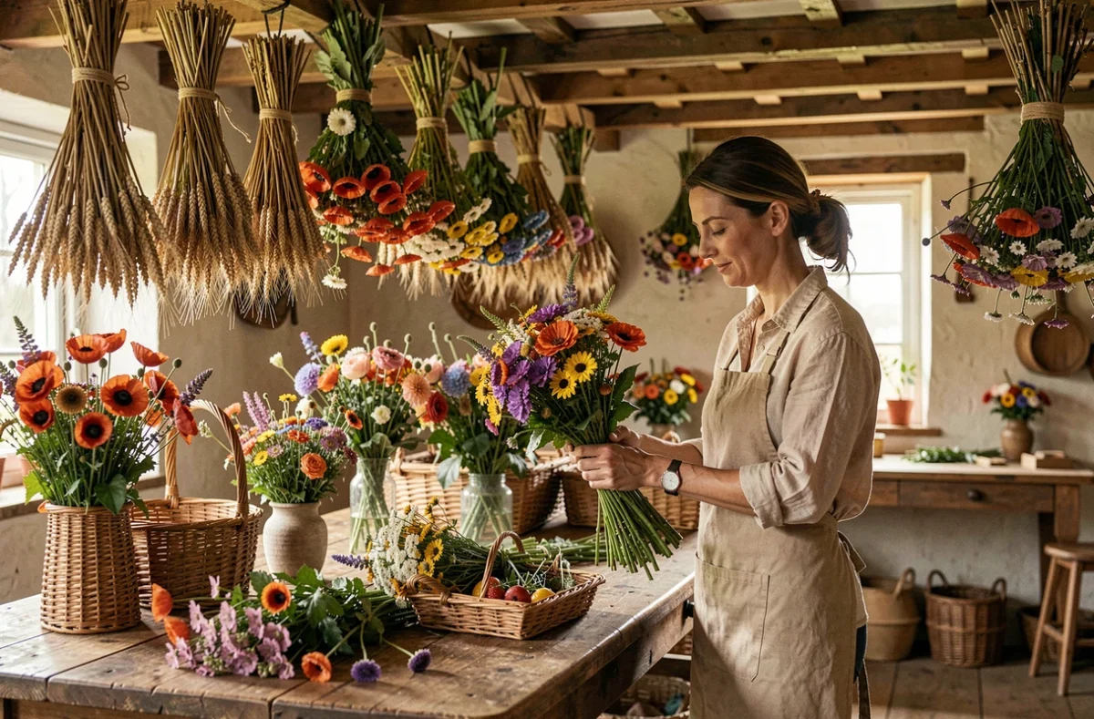 Atelier du Glaneur avec des fleurs séchées suspendues aux poutres et des compositions dans des paniers en osier
