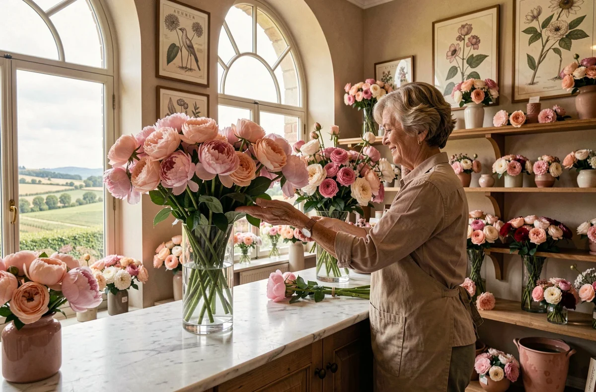 Boutique Au Fil des Fleurs à Saumur avec une fleuriste arrangeant des roses et pivoines dans un vase en verre sur un comptoir en marbre face aux grandes fenêtres