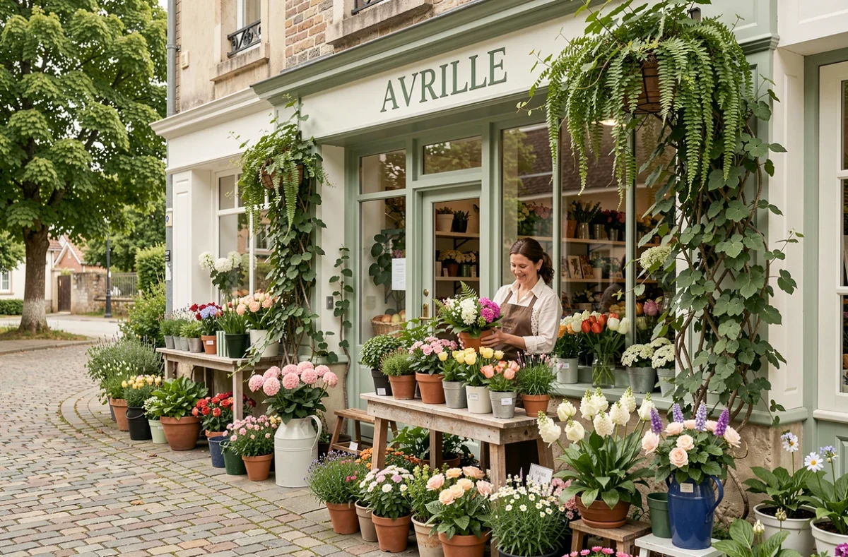 Façade de la boutique Au Jardin d'Hélène à Avrillé avec une fleuriste arrangeant des plantes et bouquets devant l'entrée verdoyante