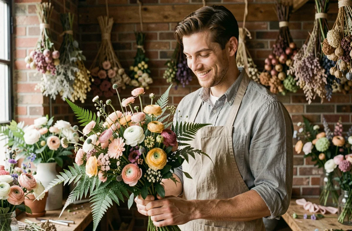 Cyril, fleuriste d'Au Jardin de Cyril &agrave; &Eacute;pinal, enveloppant un bouquet champ&ecirc;tre de renoncules et foug&egrave;res
