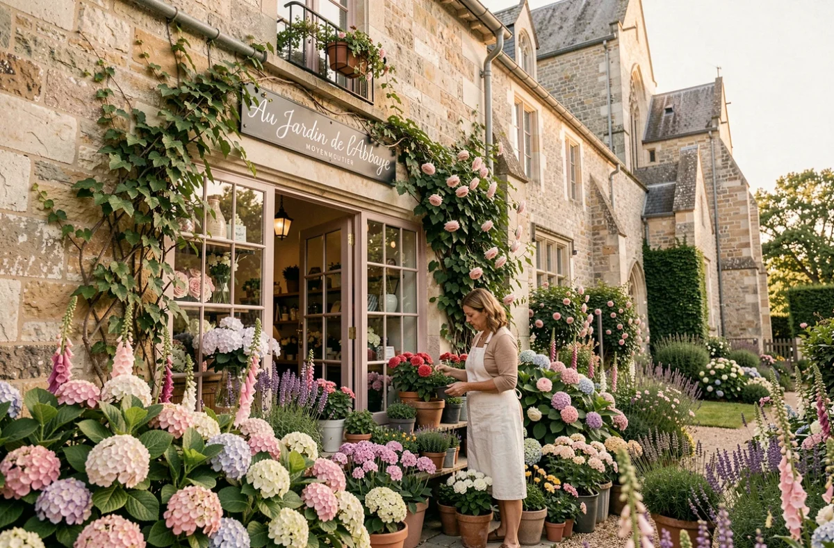 Fa&ccedil;ade d'Au Jardin de l'Abbaye &agrave; Moyenmoutier avec hortensias et roses grimpantes devant une abbaye en pierre historique