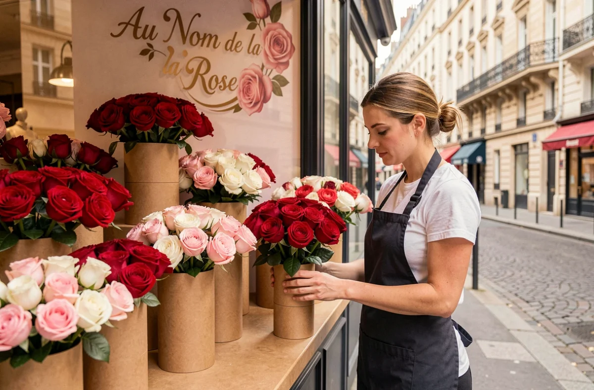 Boutique Au Nom de la Rose avec des compositions de roses rouges, roses et blanches dans des vases cylindriques &eacute;l&eacute;gants devant une fa&ccedil;ade parisienne typique