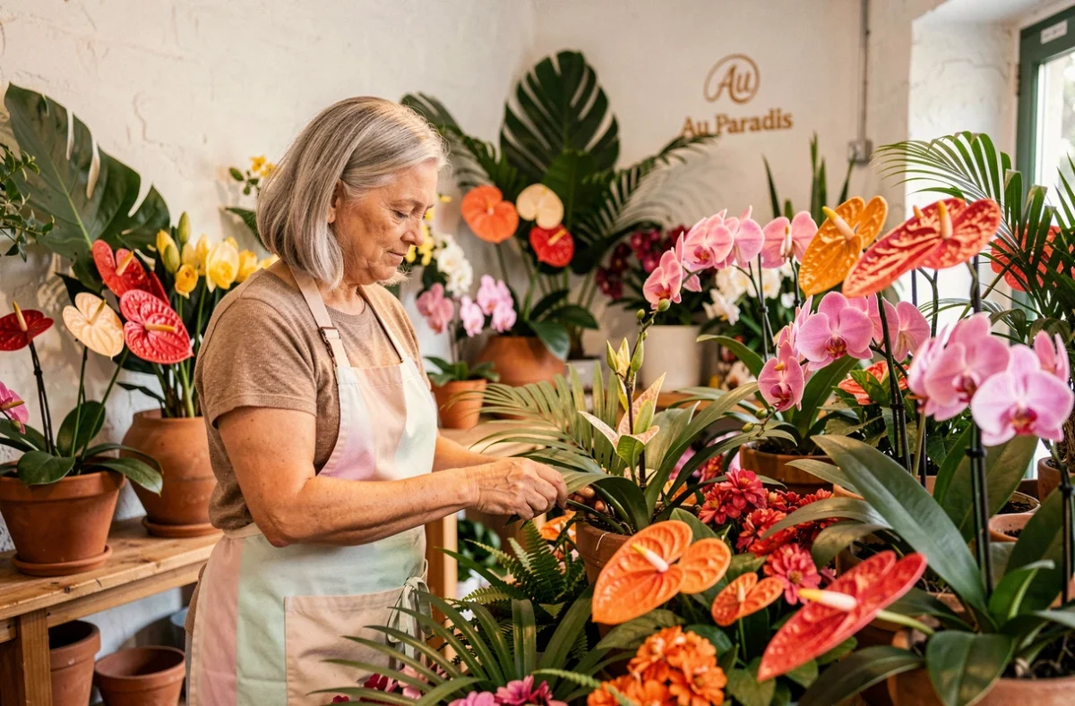 Fleuriste d'Au Paradis &agrave; Saint-Di&eacute;-des-Vosges arrangeant des orchid&eacute;es et anthuriums exotiques dans la boutique