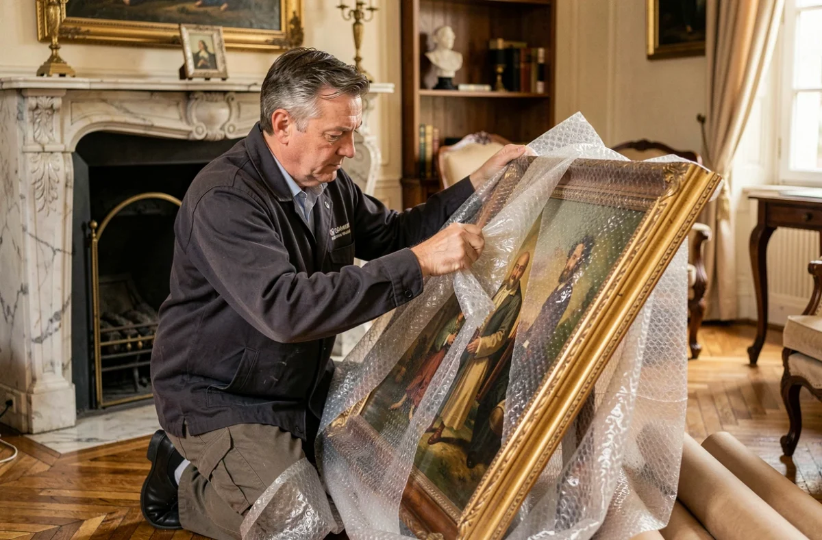 D&eacute;m&eacute;nageur Auguste William emballant avec soin un tableau ancien dans un salon bourgeois
