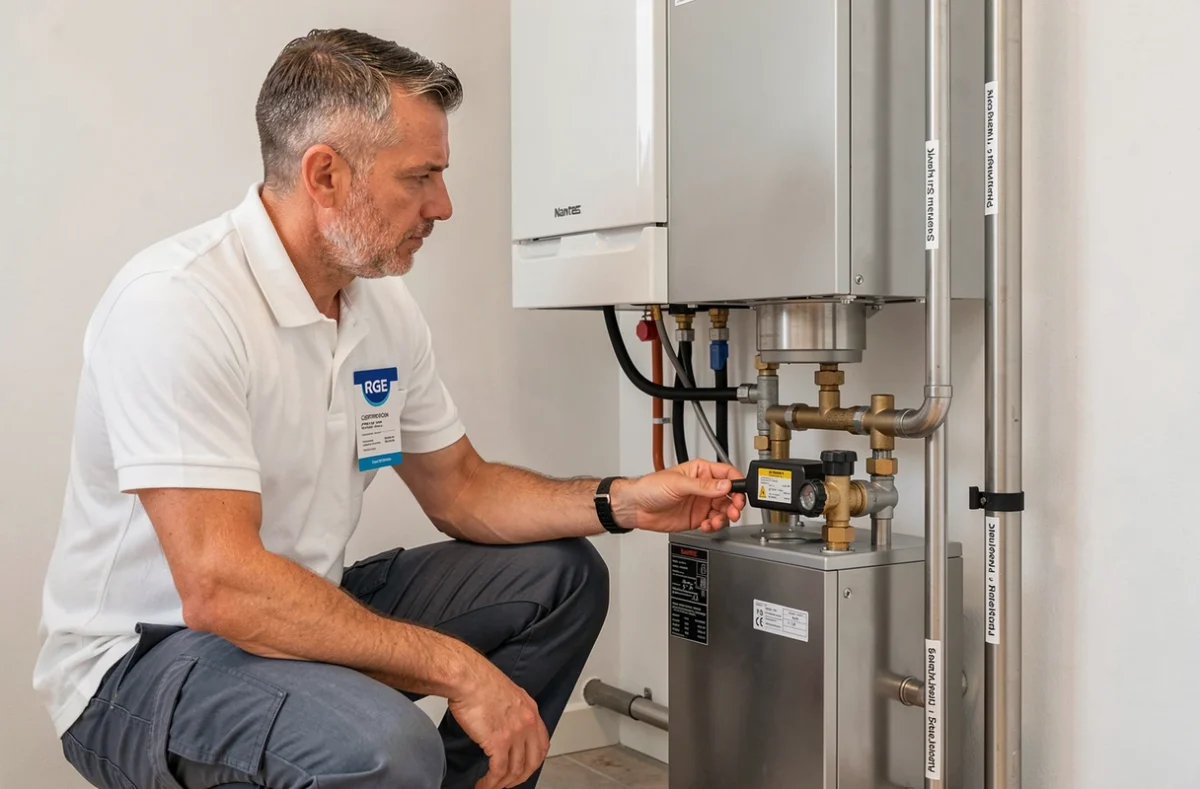 Plombier-chauffagiste RGE Avenir &Eacute;nergie &agrave; Nantes r&eacute;glant une chaudi&egrave;re &agrave; condensation et une pompe &agrave; chaleur