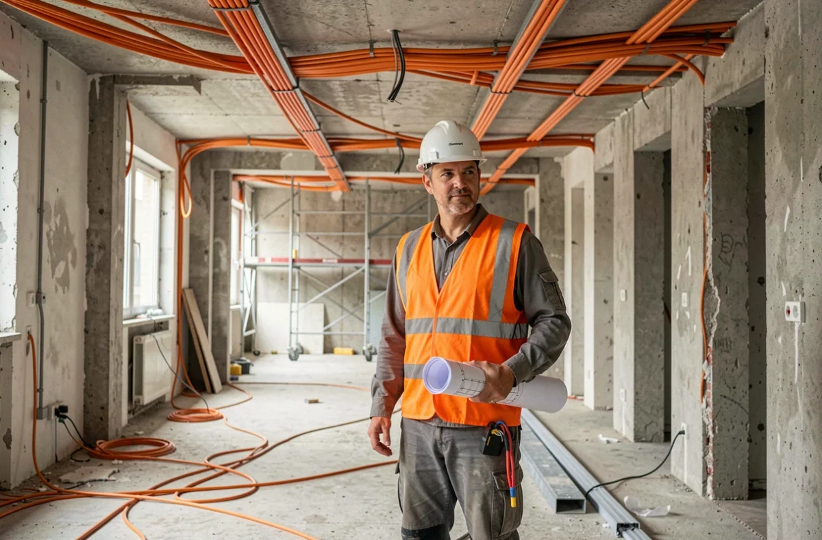 Spécialiste Avenir Rénovations Antony 92 supervisant une rénovation électrique globale dans un appartement entièrement déconstruit