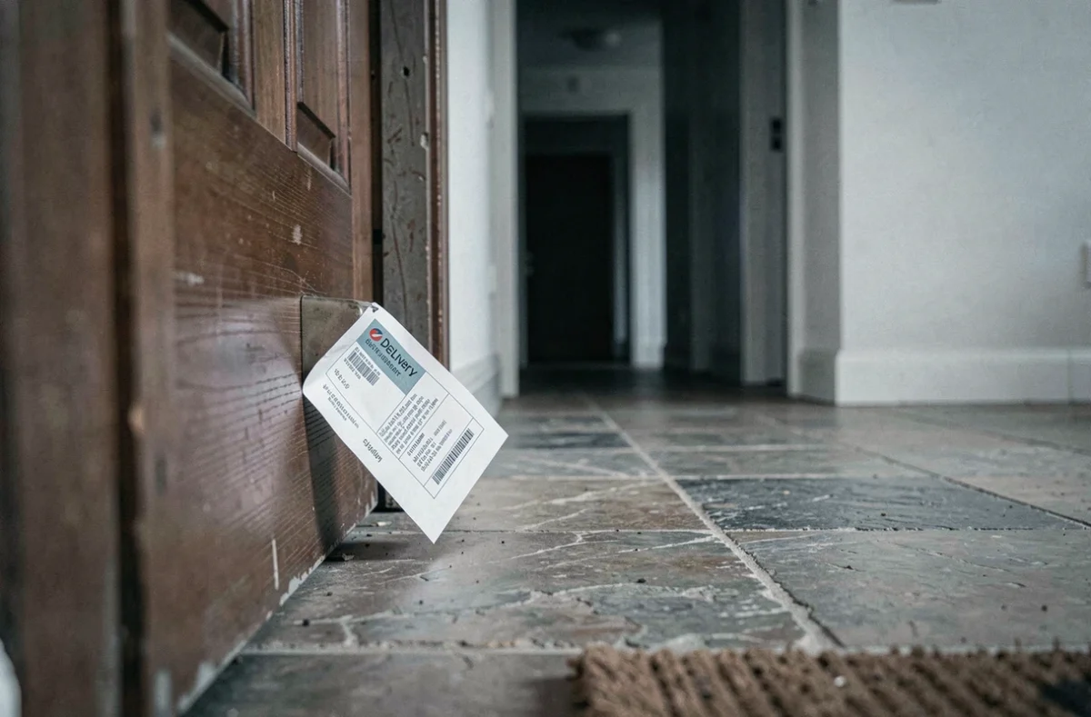 Avis de passage DPD gliss&eacute; dans une porte d'appartement sans colis livr&eacute;