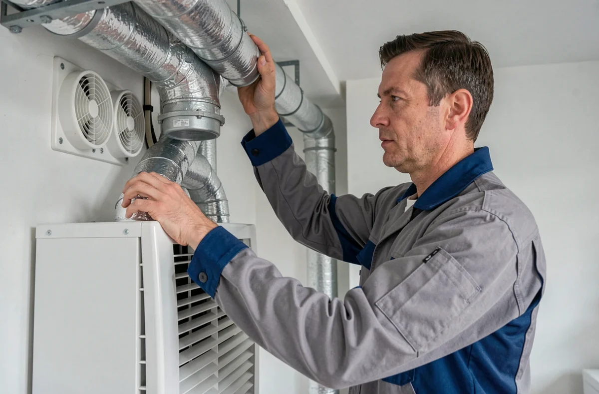 Technicien AVS Audouin Vincent Services installant un syst&egrave;me de ventilation et climatisation
