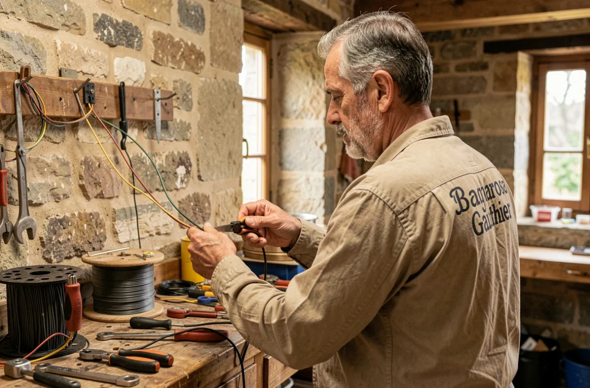 &Eacute;lectricien de l'EURL Bagnarosa Gauthier c&acirc;blant l'int&eacute;rieur d'une vieille maison en pierre dans le Gers