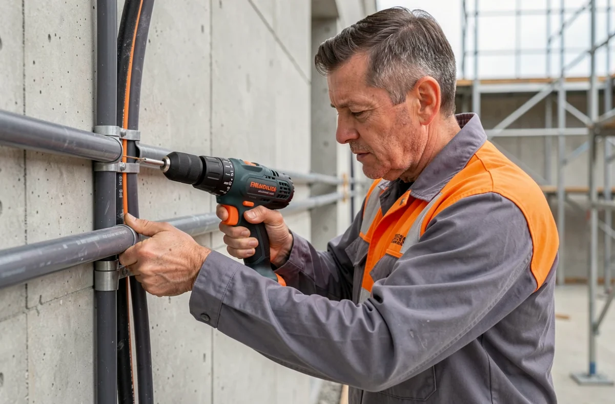&Eacute;lectricien B&acirc;ti Concept &Eacute;lectrique posant des conduits &eacute;lectriques dans un b&acirc;timent commercial en construction en Maine-et-Loire