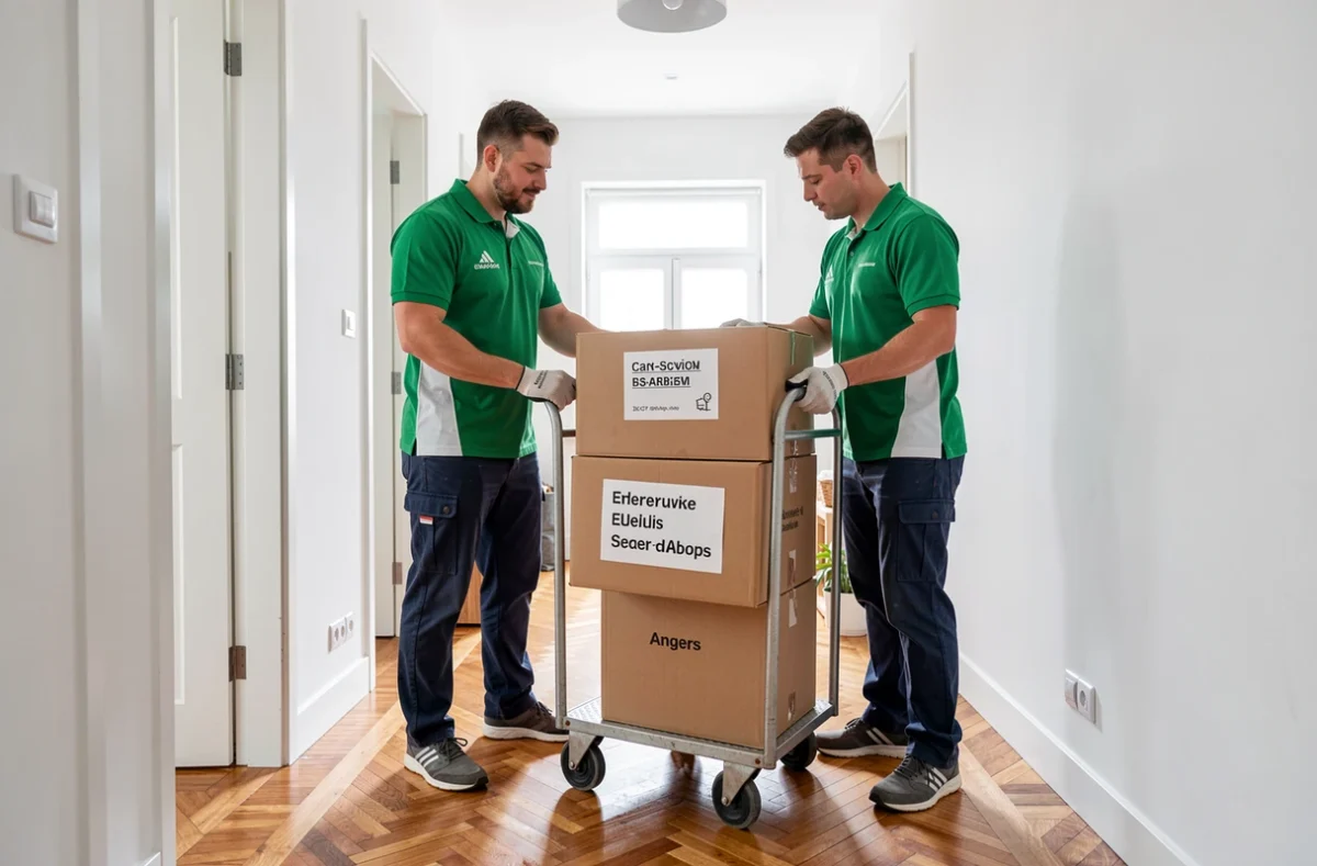 Deux d&eacute;m&eacute;nageurs en uniforme vert et blanc organisant des cartons &eacute;tiquet&eacute;s sur un diable dans un couloir d'appartement moderne