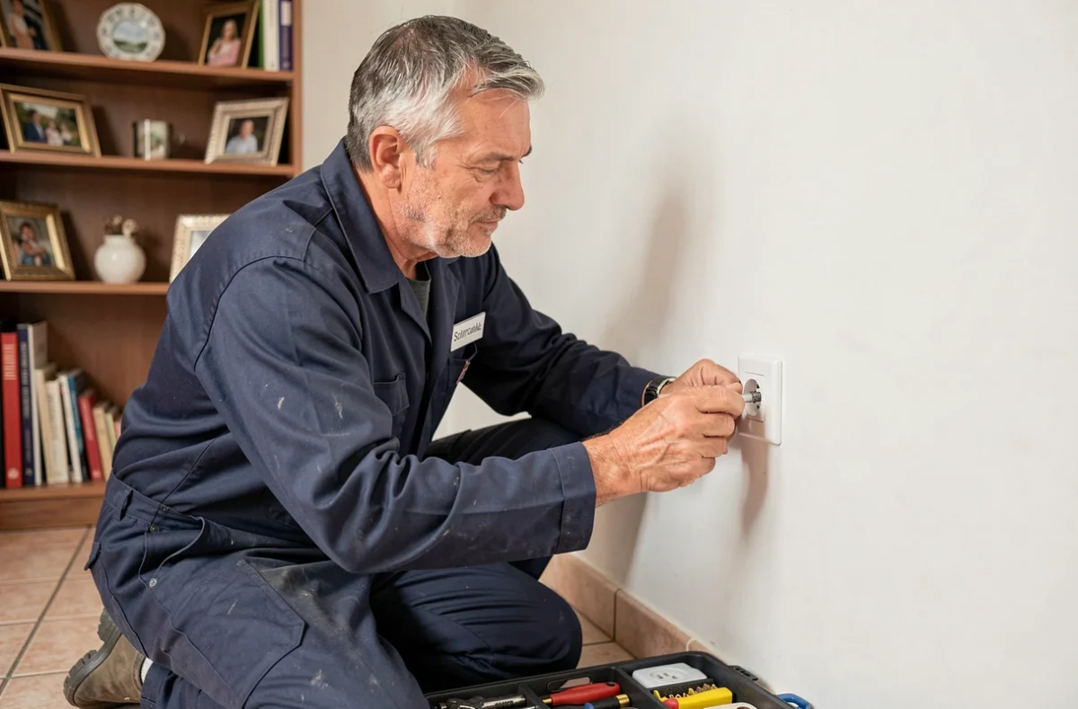 Artisan électricien indépendant Belmonte Pascal posant une prise électrique dans une maison particulière d'Antony