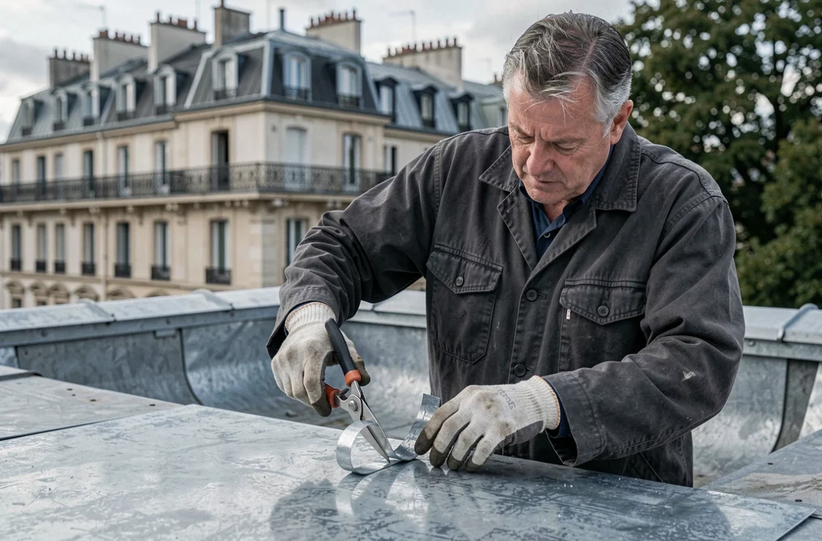 Expert en zinguerie de Benicourt Couverture façonnant une pièce de zinc à Rueil-Malmaison