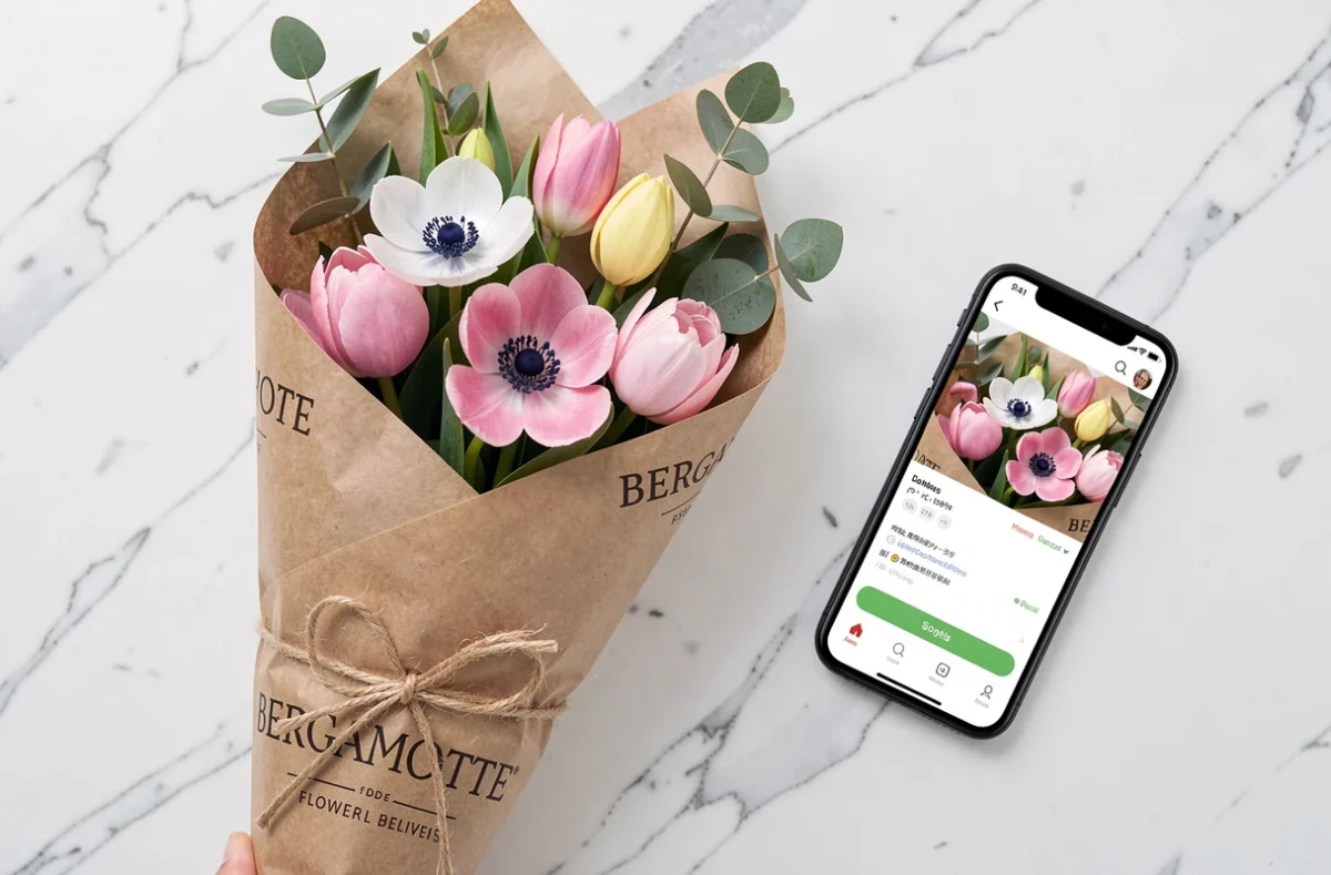 Bouquet de tulipes et an&eacute;mones emball&eacute; dans du papier kraft de Bergamotte pos&eacute; sur marbre blanc avec un smartphone affichant une application de commande florale