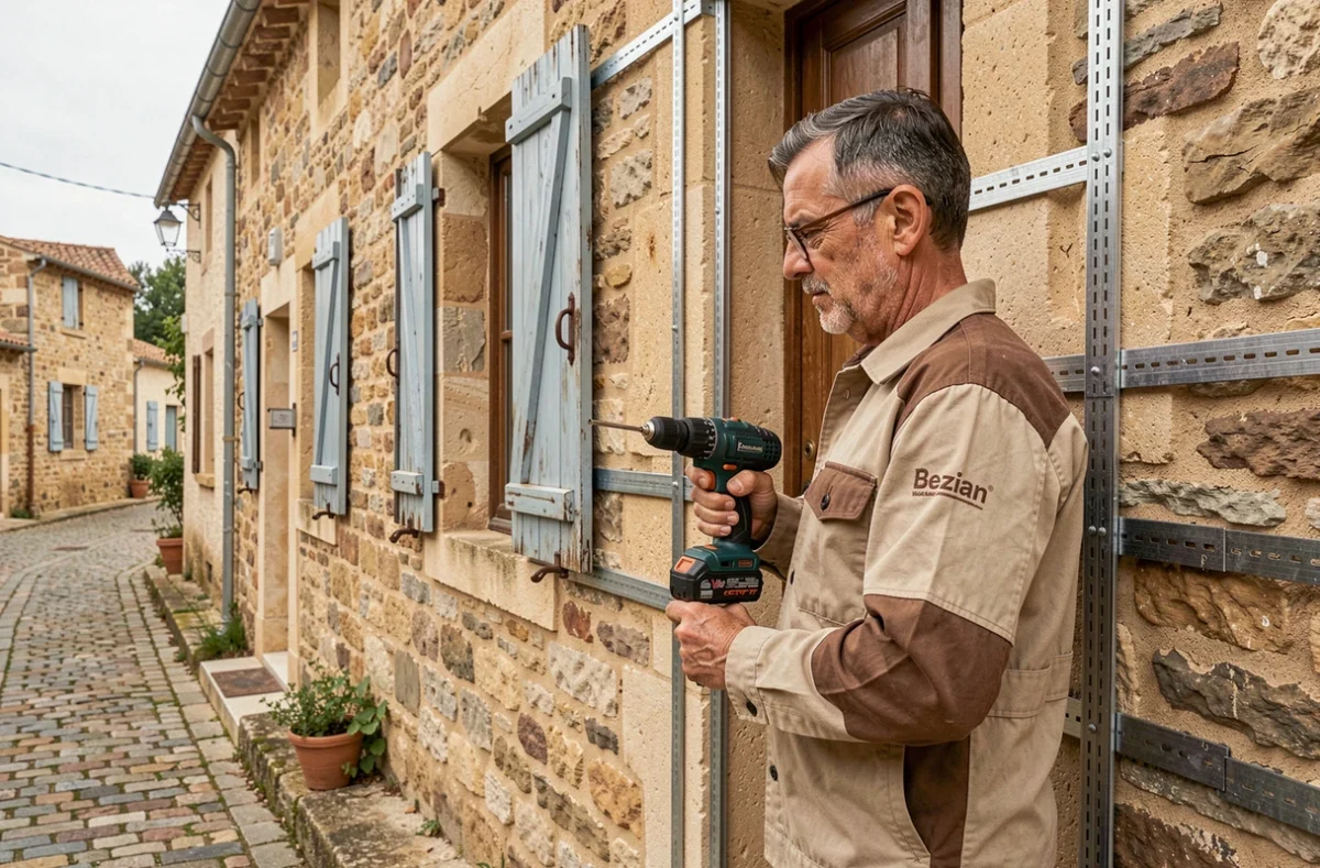 Artisan Bezian renfor&ccedil;ant un cadre de porte avec des renforts anti-effraction sur une maison en pierre d'un village occitan