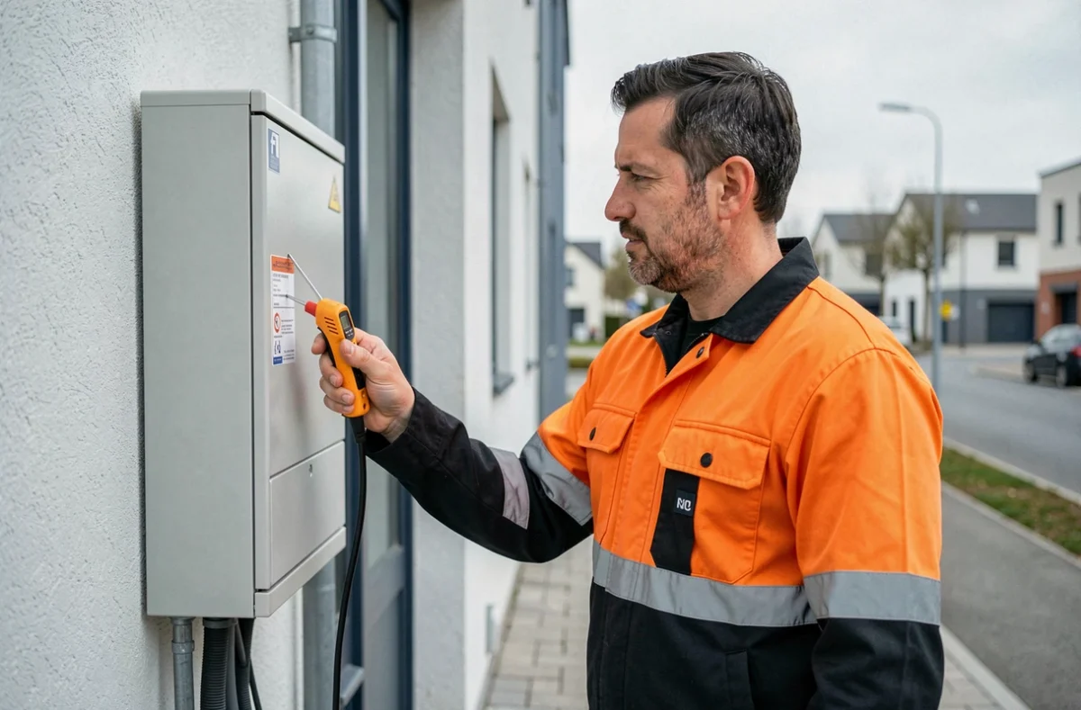 Technicien BGAR Elec testant un coffret &eacute;lectrique ext&eacute;rieur sur un b&acirc;timent commercial &agrave; Pessac