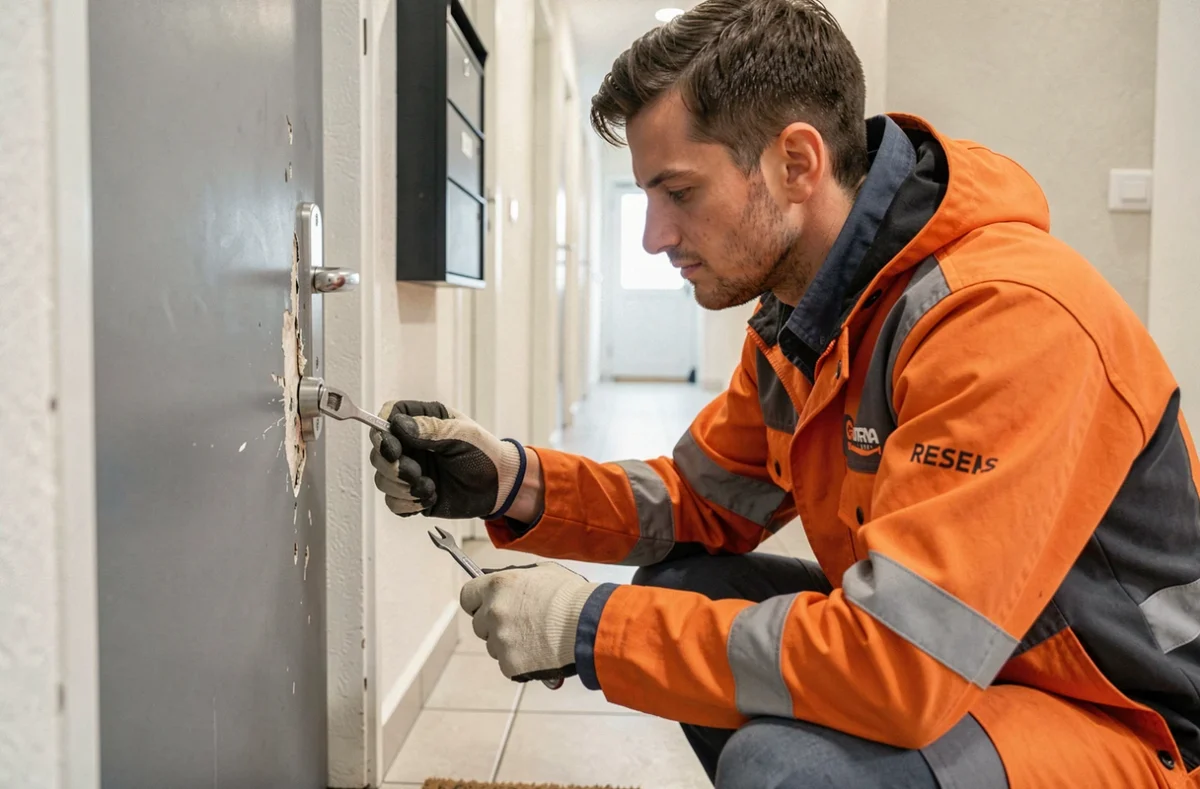Technicien de Bibip Dépannage en intervention sur une serrure de porte d'appartement dans un couloir résidentiel