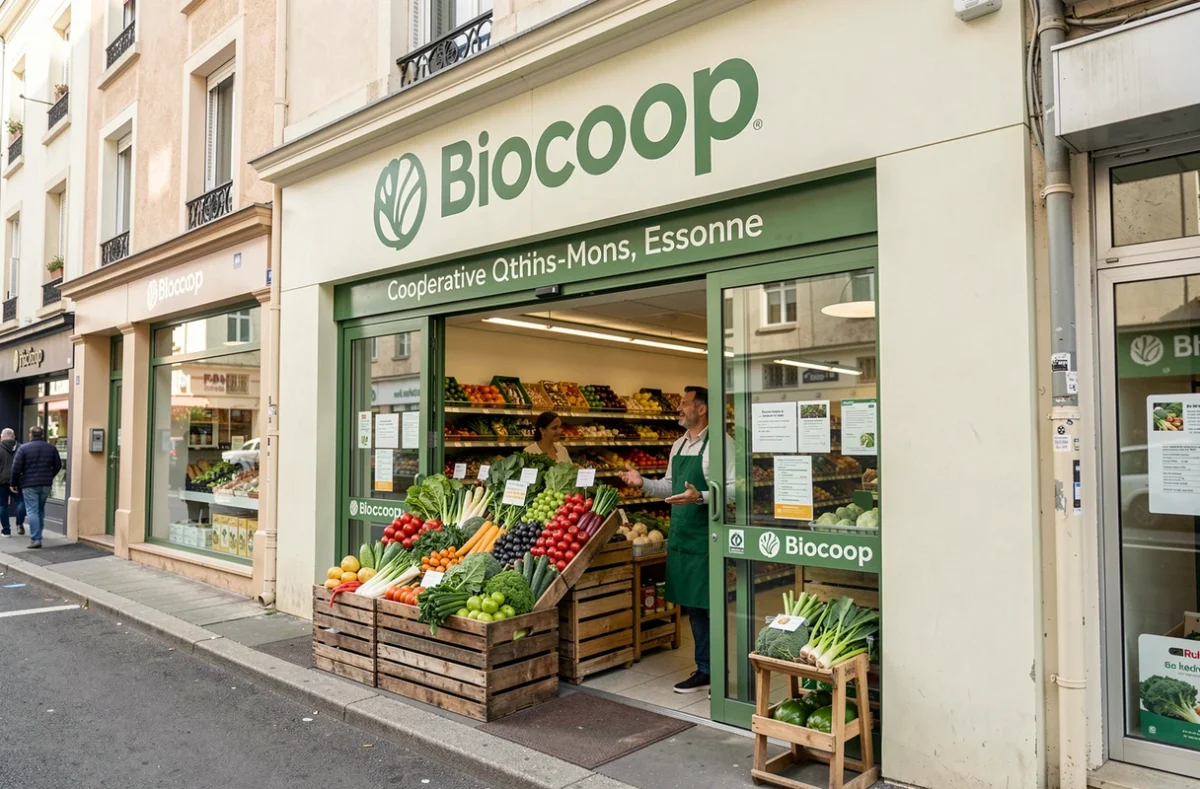 Entrée du magasin Biocoop Bioviveo à Athis-Mons avec des légumes bio en cagettes et un employé en tablier vert
