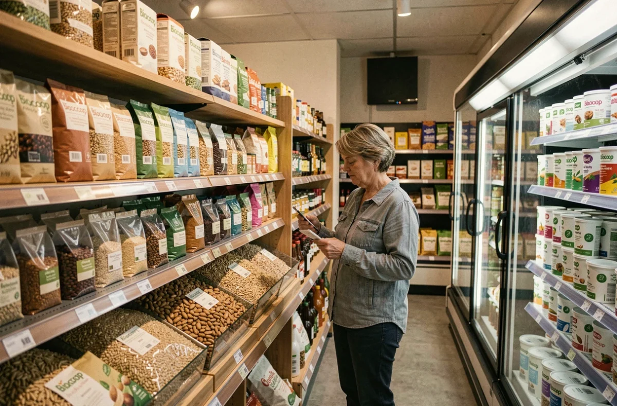 Intérieur du Biocoop La Clayette Bio à Brétigny-sur-Orge avec des rayons de produits en vrac et une cliente qui lit les étiquettes
