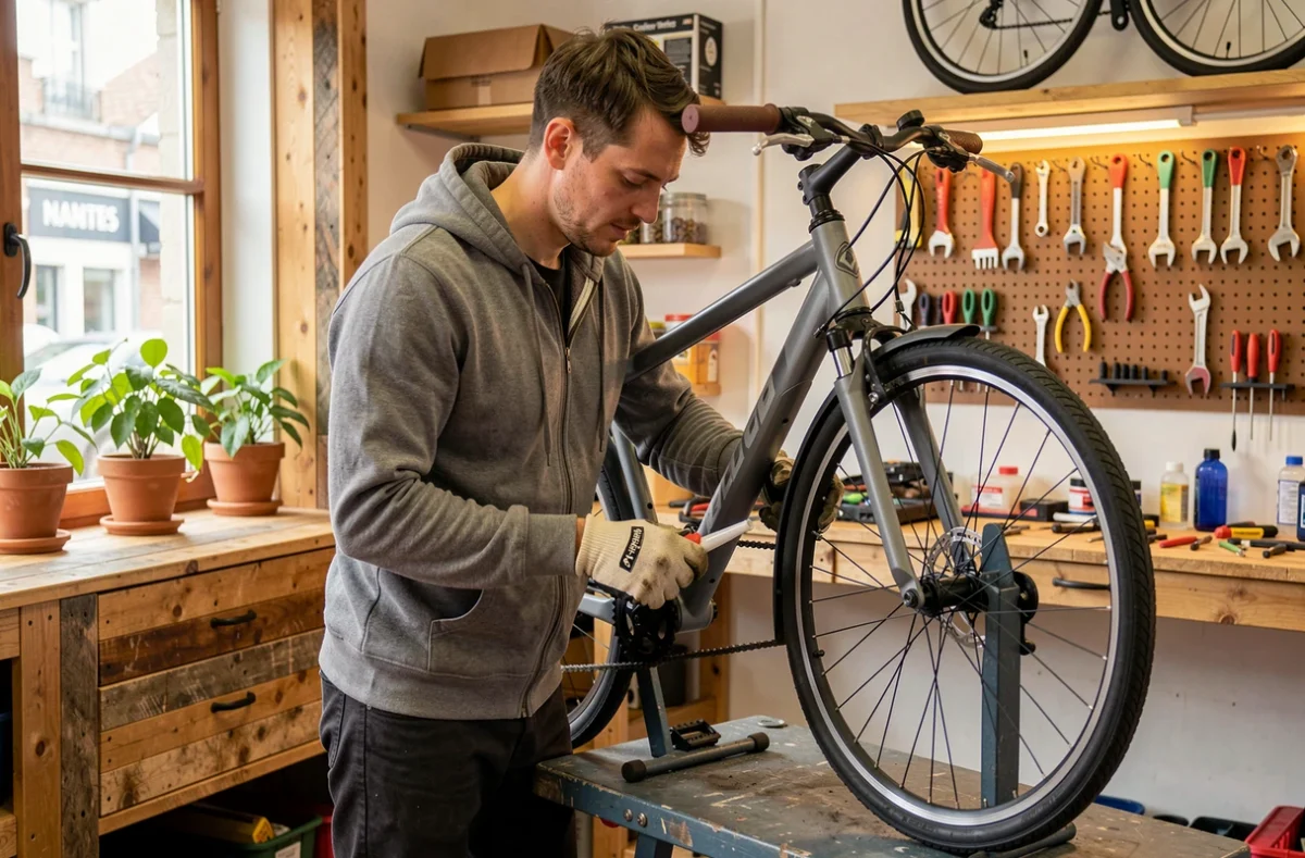 M&eacute;canicien de Bo Velo lubrifiant la cha&icirc;ne d'un v&eacute;lo hybride dans l'atelier d'entretien &agrave; Nantes