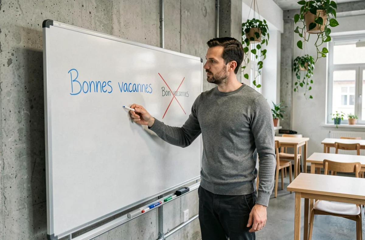 Homme enseignant la correction orthographique de 'Bonnes vacances' sur un tableau blanc dans un espace de travail moderne